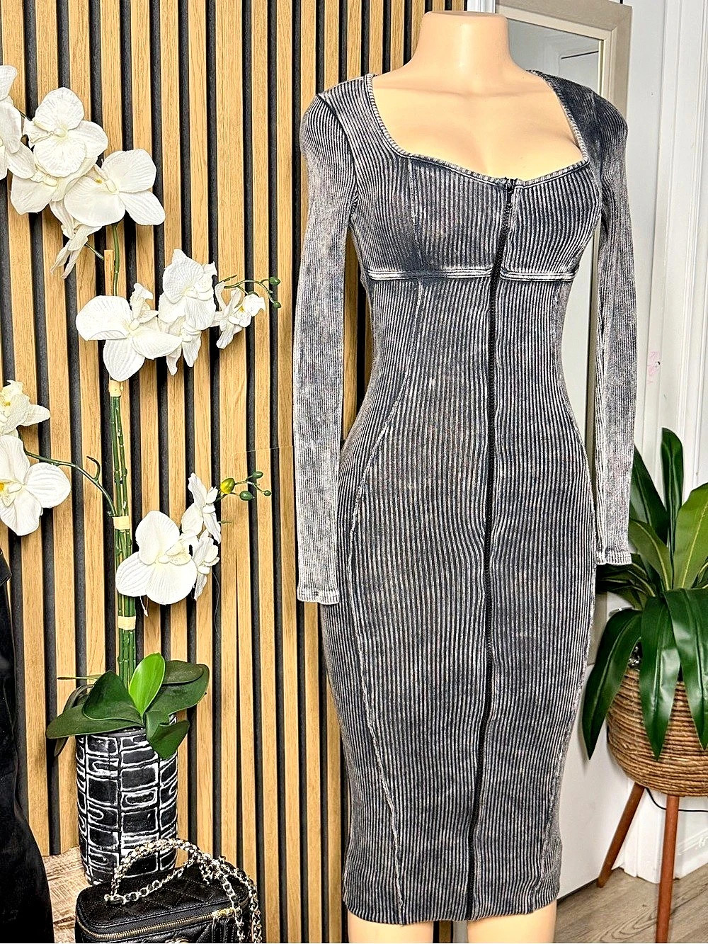 Striped Zip-Front Midi Dress in Black & Gray